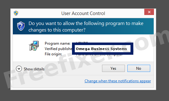 Screenshot where Omega Business Systems appears as the verified publisher in the UAC dialog